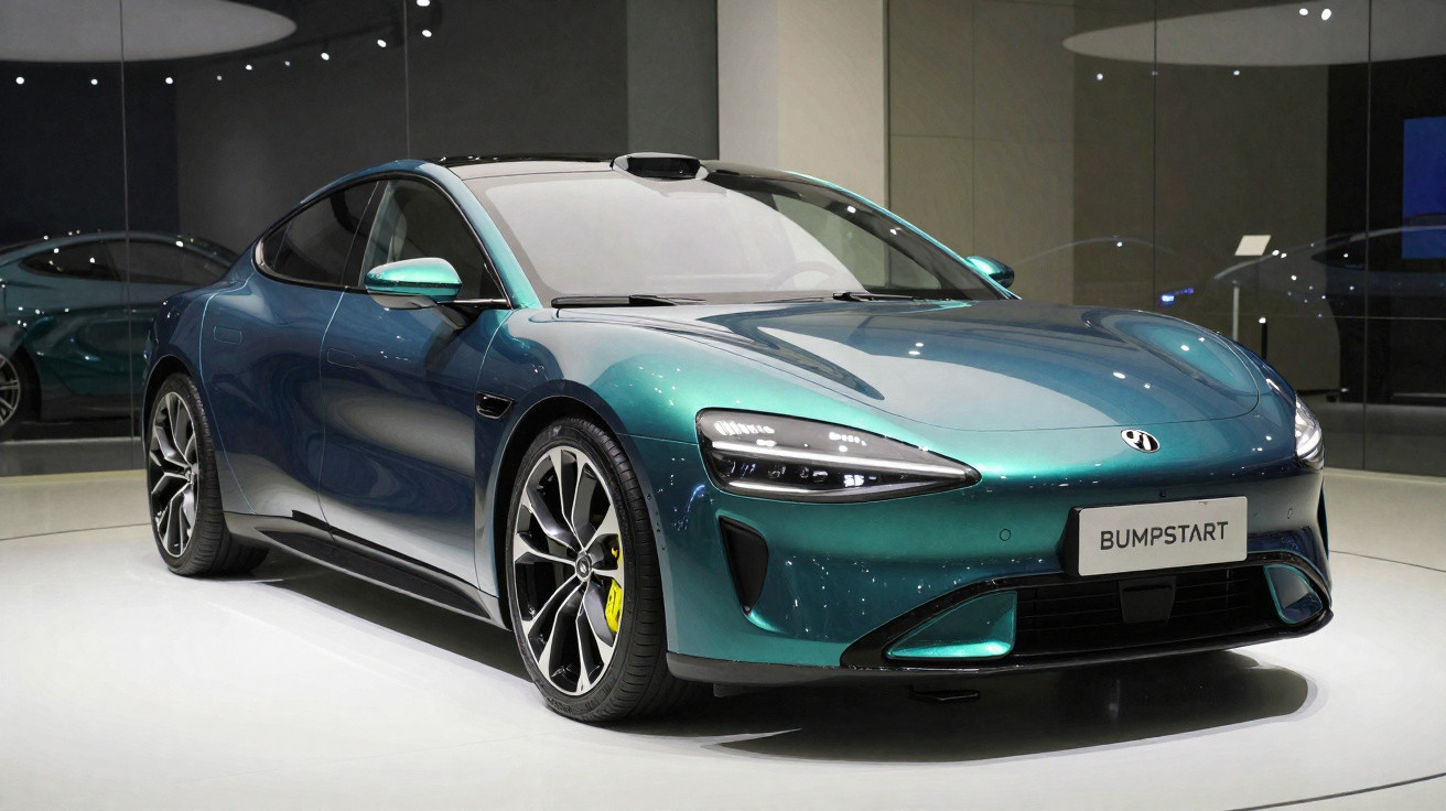 Carro esportivo elétrico azul esverdeado exibido em exposição interna com placa "Bumpstart".