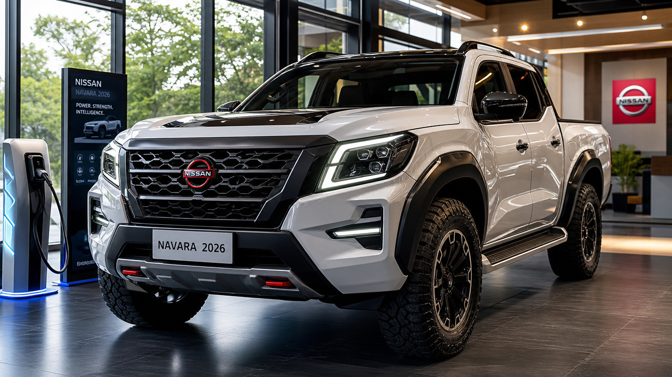 Picape Nissan Navara 2026 branca exposta em showroom moderno com carregador elétrico ao lado.