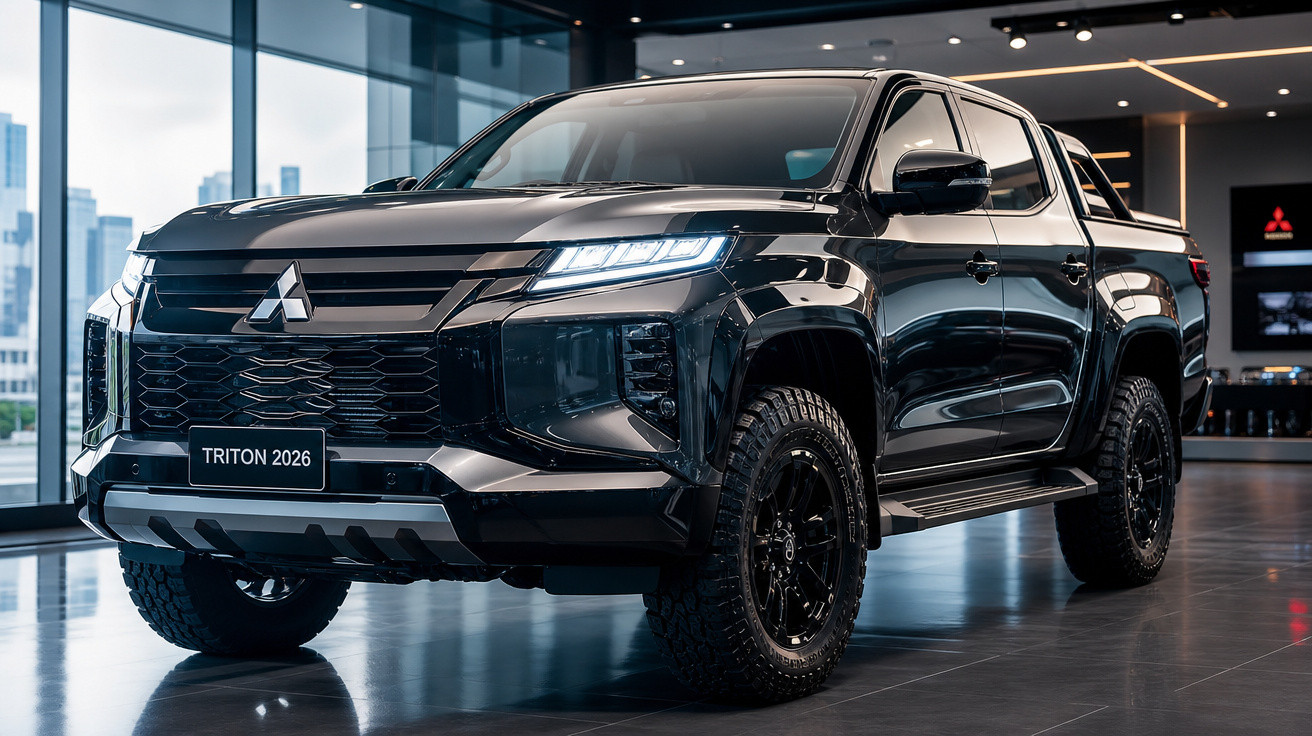 Picape preta Mitsubishi Triton 2026 em showroom moderno com iluminação destacando detalhes do veículo.