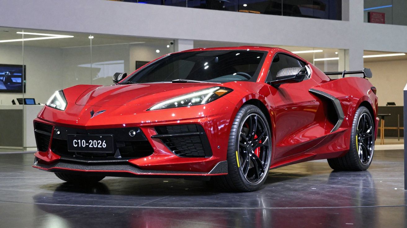 Carro esportivo vermelho com design moderno exposto em ambiente interno iluminado.
