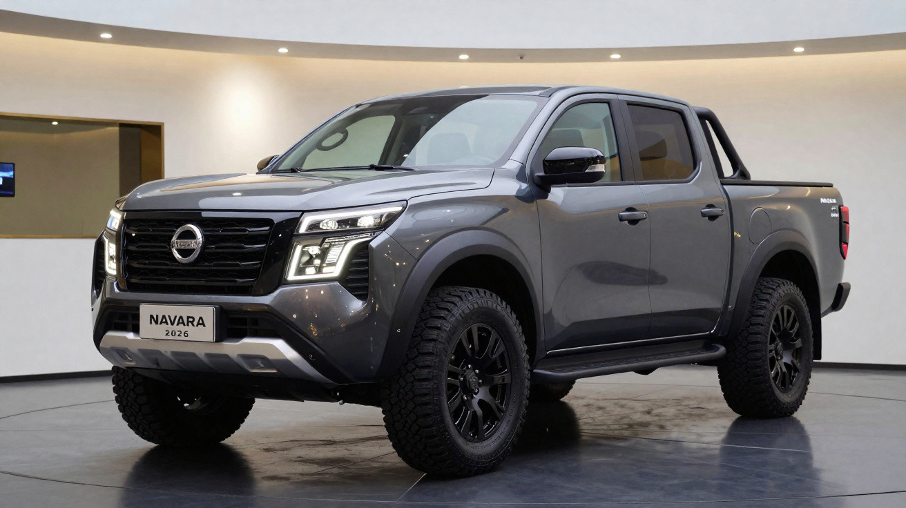 Picape Nissan Navara 2026 cinza escuro em ambiente interno com rodas grandes e design robusto.