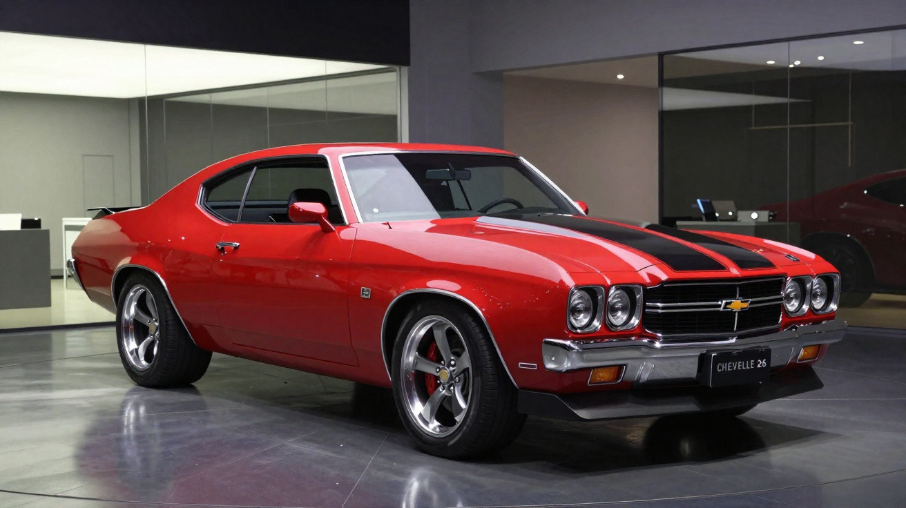 Carro esportivo clássico Chevrolet Chevelle vermelho com faixas pretas, em exposição interna.