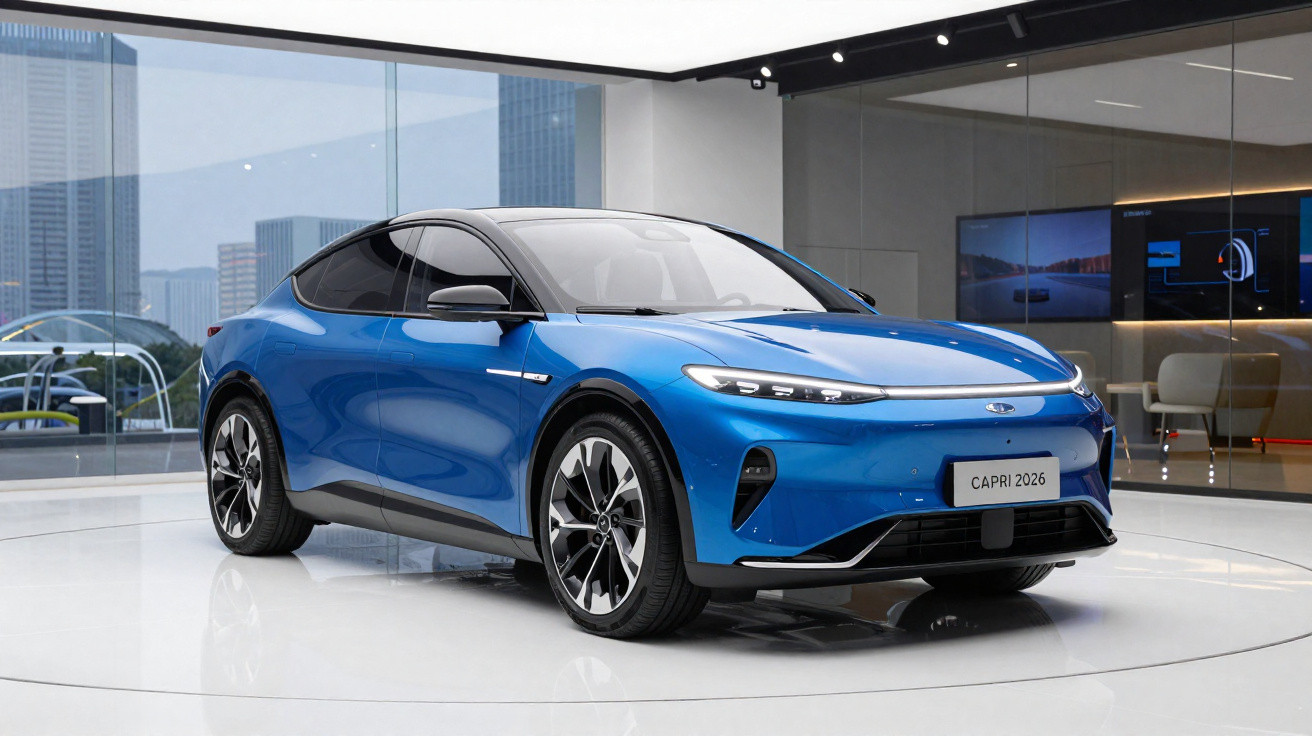 Carro elétrico azul modelo Capri 2026 exposto em ambiente moderno e iluminado, com vidros e rodas pretas.