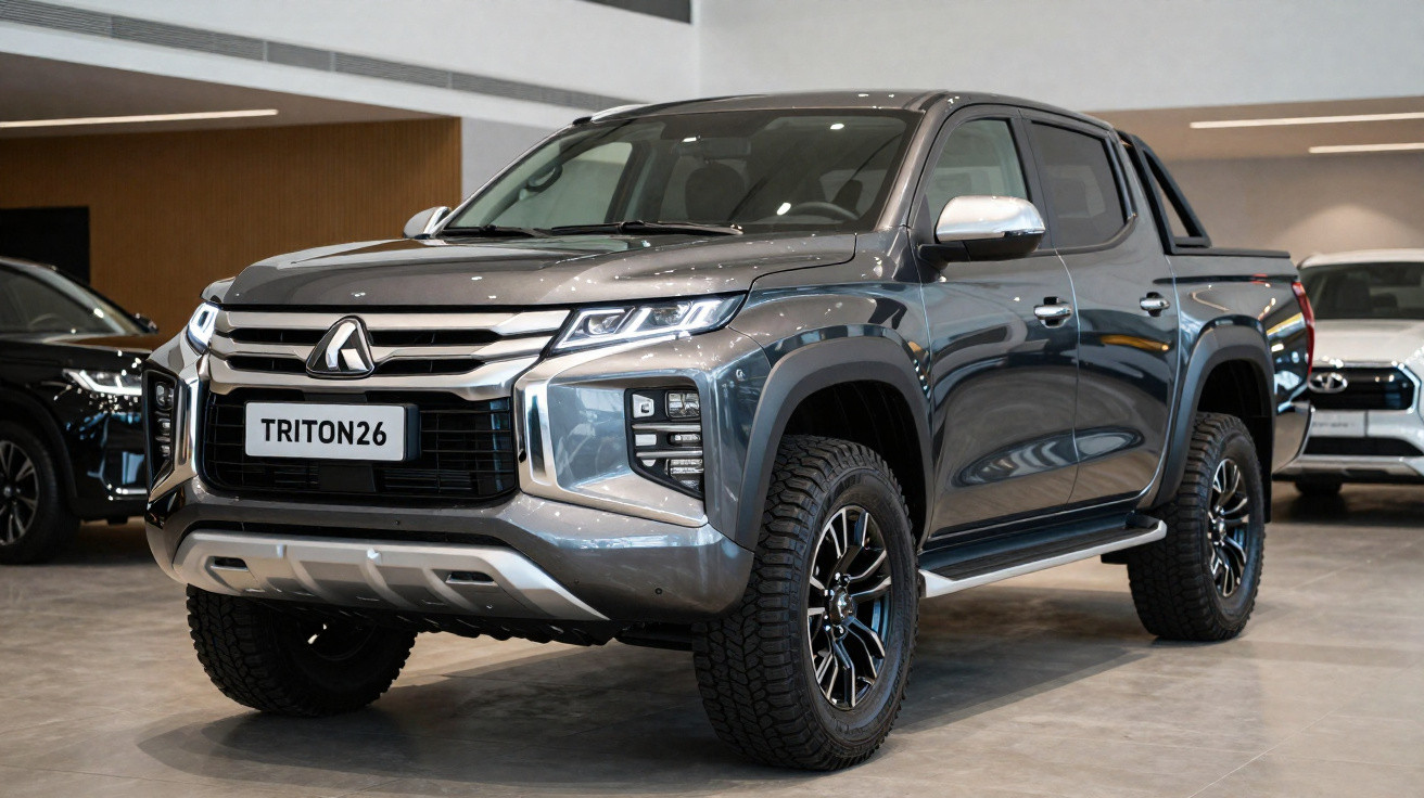 Picape Mitsubishi Triton cinza estacionada em showroom moderno e iluminado.