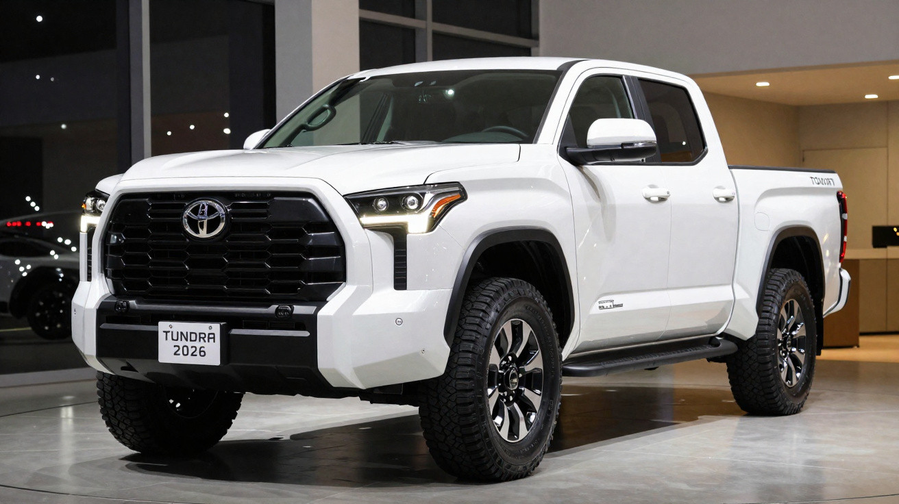 Picape branca Toyota Tundra 2026 estacionada em showroom moderno e iluminado.