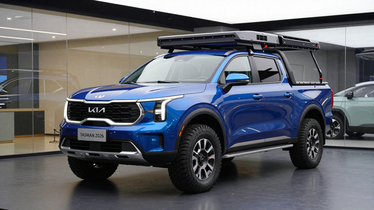 Picape azul Kia Tasman 2026 com pneus off-road e bagageiro no teto em showroom moderno.