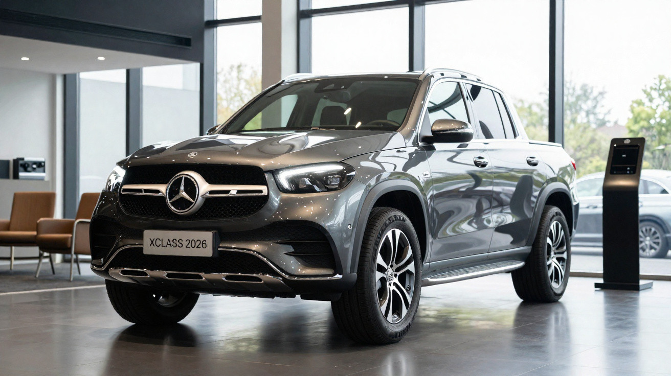 Carro SUV Mercedes-Benz X Class 2026 cinza exibido em showroom moderno com janelas grandes.