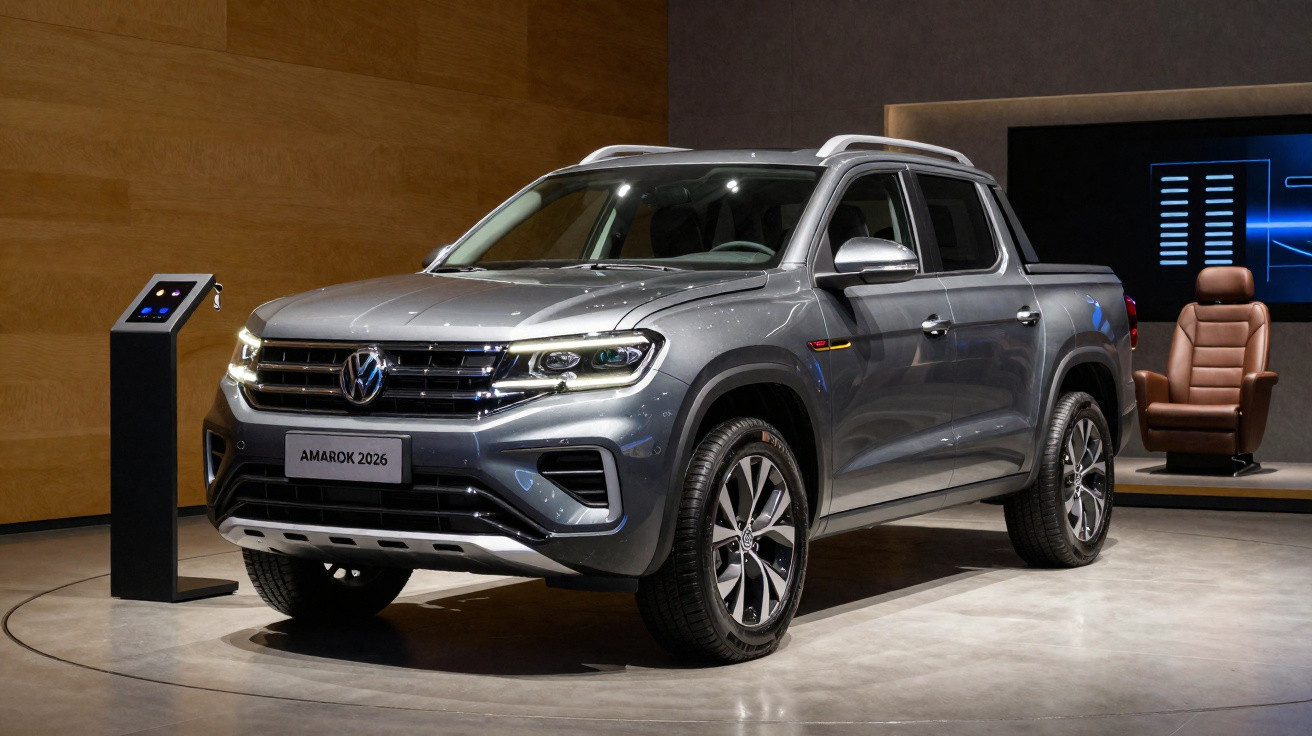 Picape Volkswagen Amarok 2026 cinza exibida em ambiente interno com pedestal digital ao lado.
