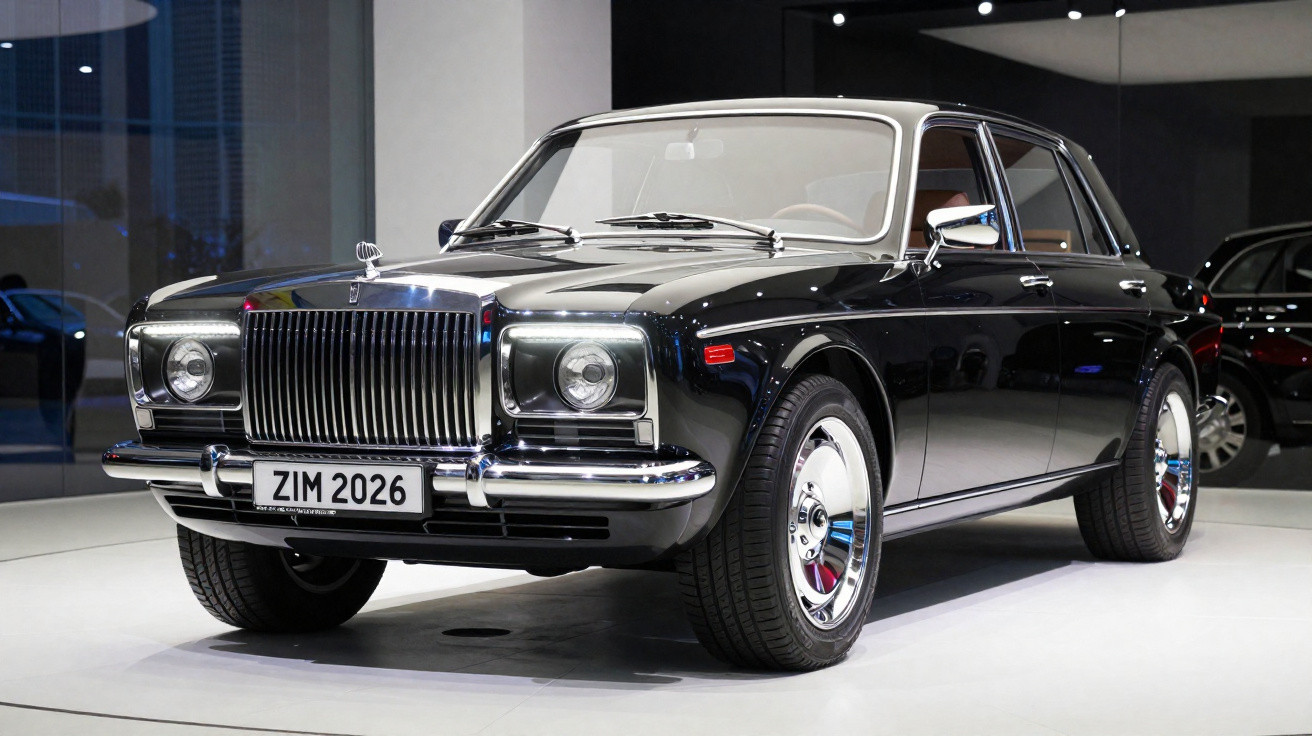Carro clássico preto, modelo sedan, exposto em ambiente moderno com iluminação branca.