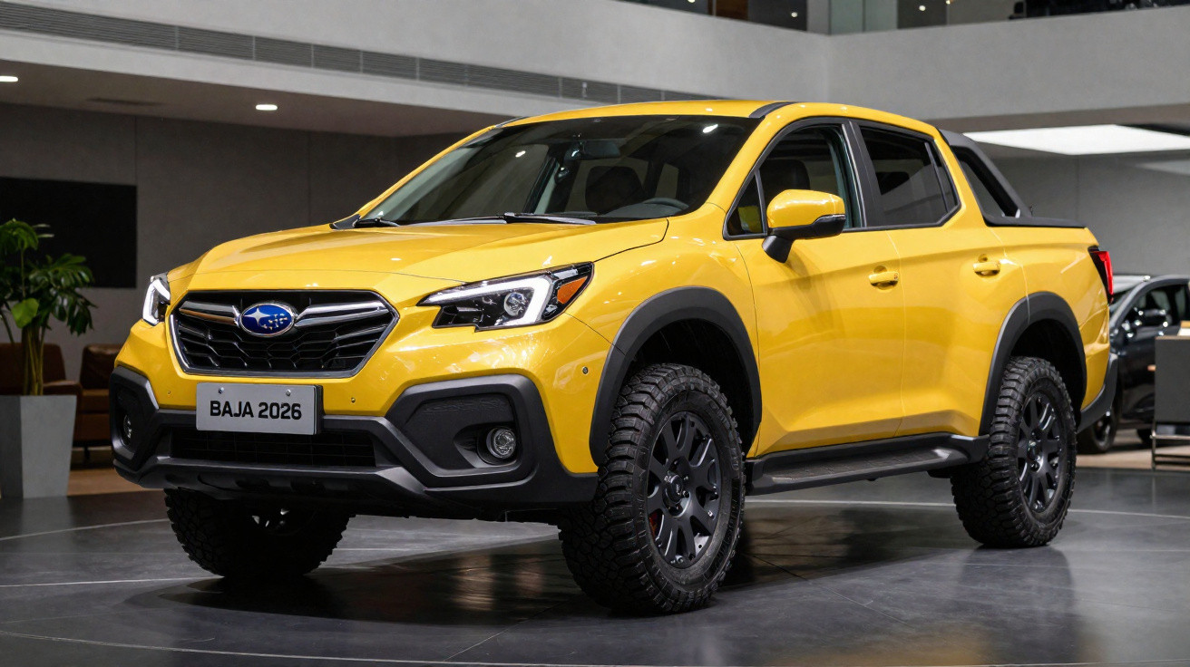 Picape Subaru Baja 2026 amarela exibida em salão automotivo moderno, com pneus robustos e design robusto.