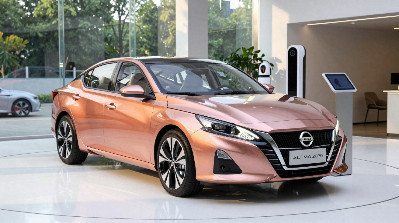 Carro sedã Nissan Altima 2026 cor bronze exibido em showroom moderno com piso branco e paredes de vidro.