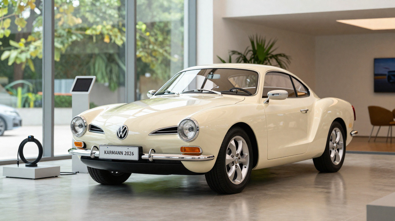 Carro esportivo clássico creme Volkswagen Karmann 2026 exposto em salão moderno com janelas grandes.