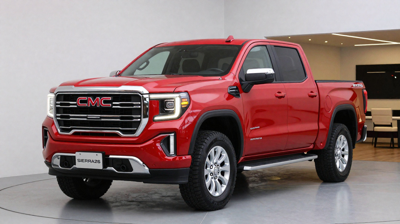 Picape vermelha GMC Sierra 26 estacionada em ambiente interno com iluminação branca.