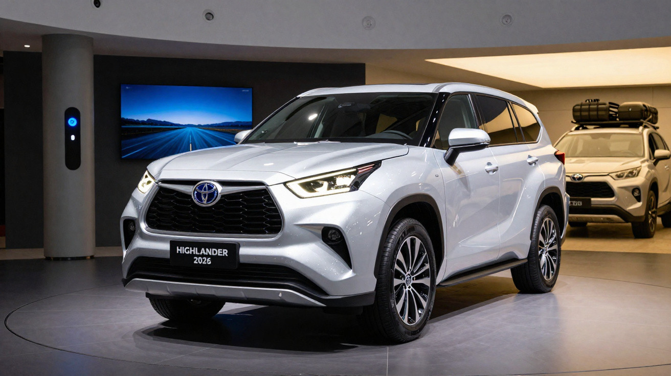 SUV branco Toyota Highlander 2026 exibido em showroom com outro veículo ao fundo.