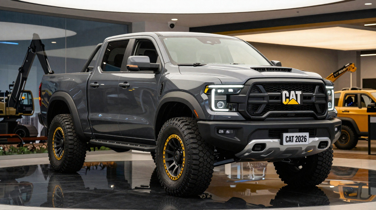 Picape cinza CAT 2026 com pneus off-road em exposição interna moderna.