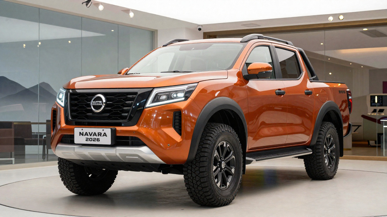 Picape Nissan Navara 2026 laranja em exposição interna, vista frontal com pneus robustos e faróis acesos.