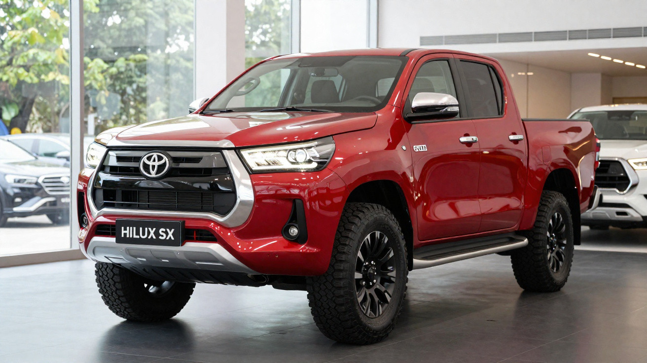 Picape vermelha Toyota Hilux SX estacionada em showroom com pneus off-road e detalhes cromados.