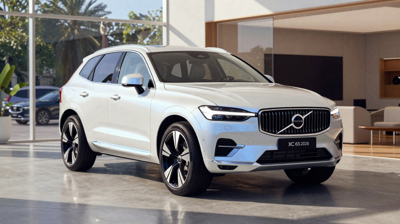 Carro SUV Volvo XC60 branco estacionado em ambiente interno moderno com grandes janelas de vidro.