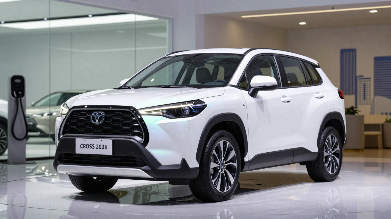 Carro SUV branco Toyota Cross 2026 em exposição em showroom iluminado.