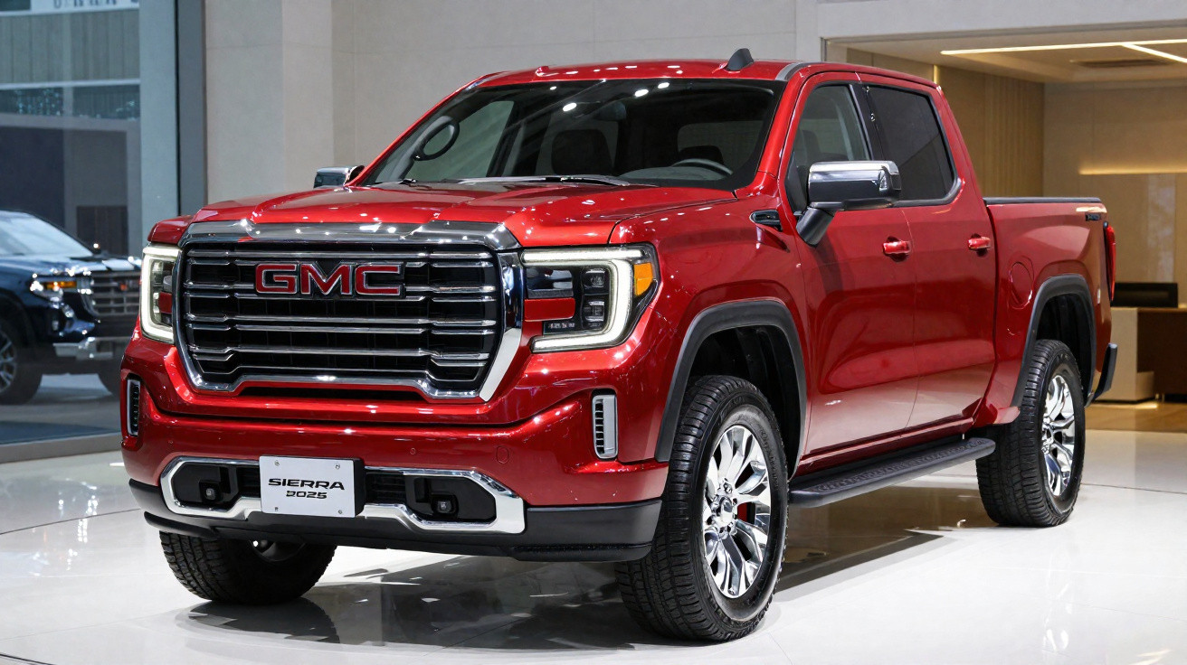 Picape vermelha GMC Sierra 2023 exibida em ambiente interno com iluminação branca.