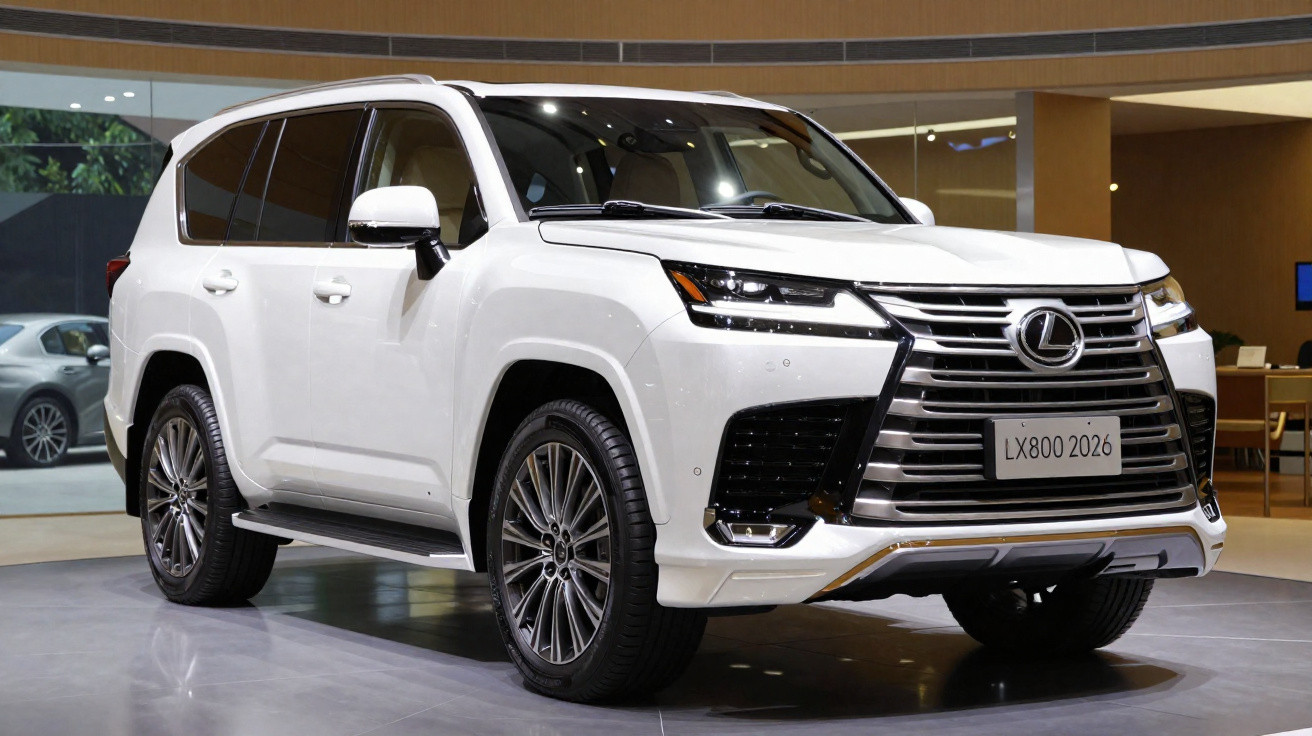 SUV Lexus LX800 branco 2026 exposto em ambiente interno com iluminação moderna.