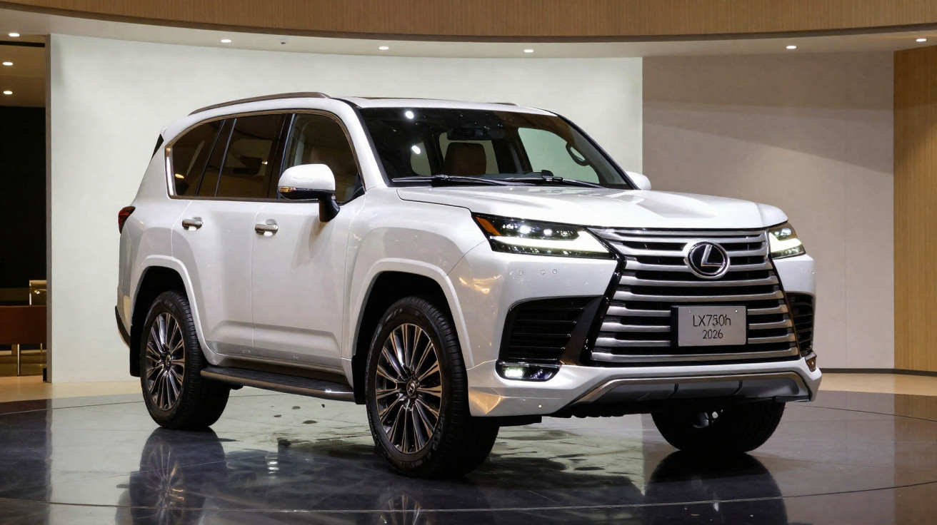 SUV branco Lexus LX 730h 2026 em exposição, com design robusto e faróis acesos.