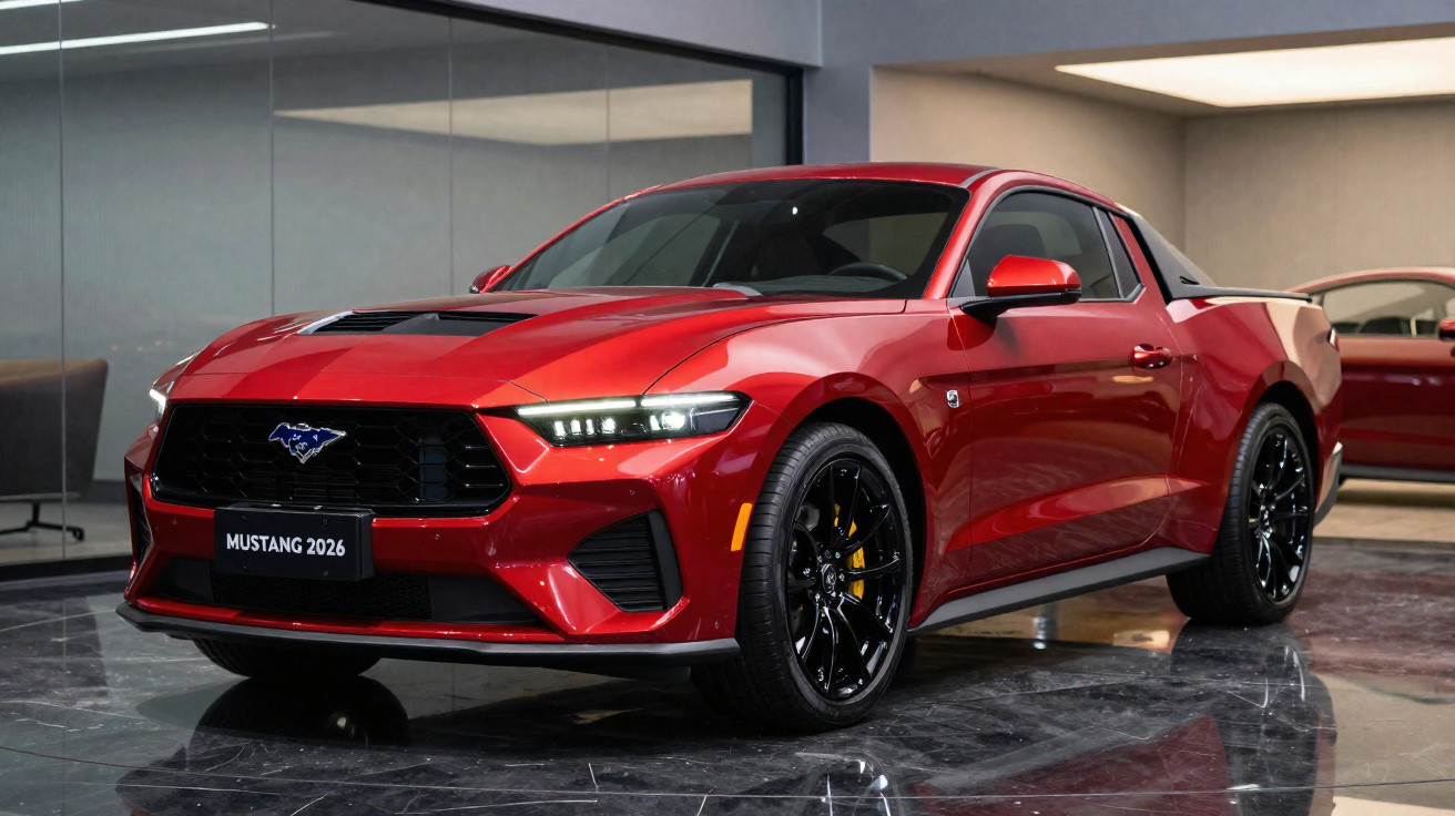 Carro esportivo vermelho Ford Mustang 2026 em showroom com piso brilhante e iluminação interna.