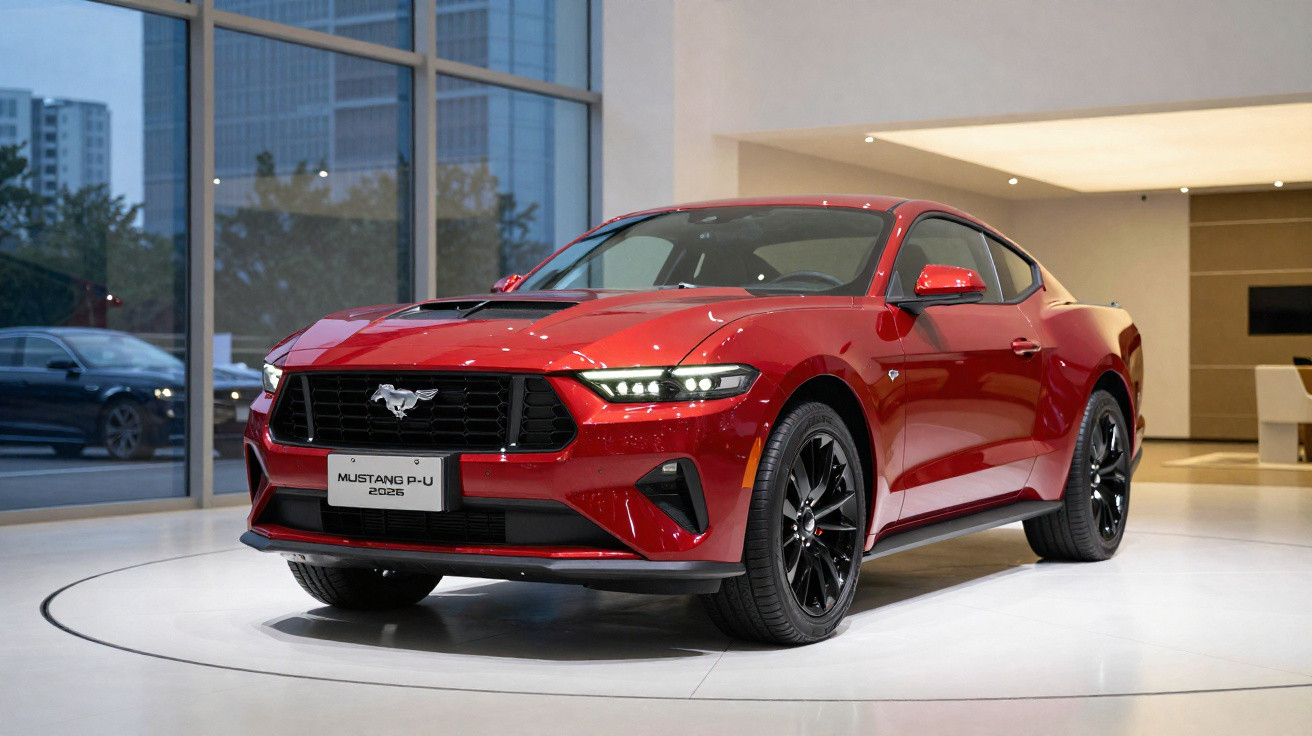 Carro esportivo vermelho Ford Mustang P-U 2023 exibido em salão com piso branco e janela grande.