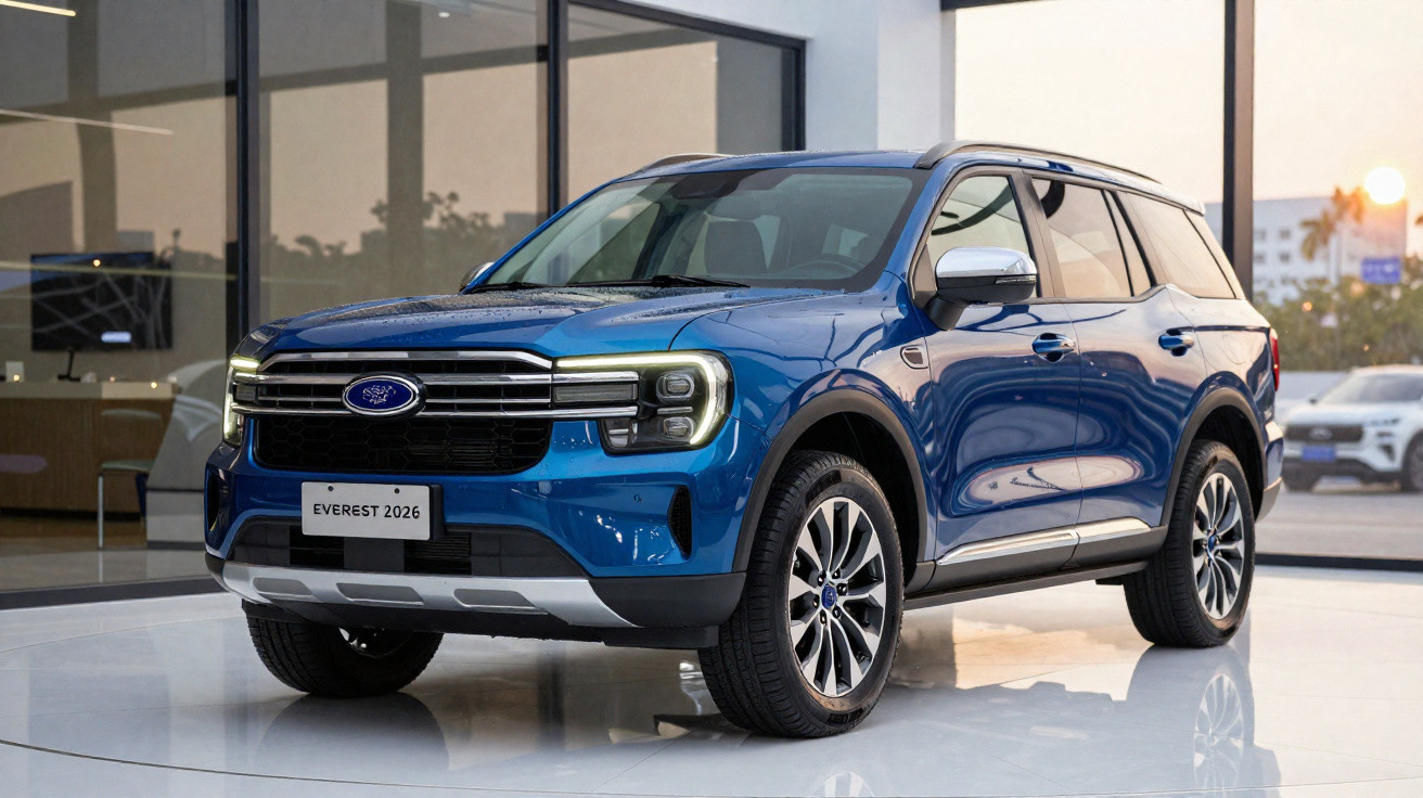 SUV azul Ford Everest 2026 em showroom com design moderno e detalhes em preto e prata.