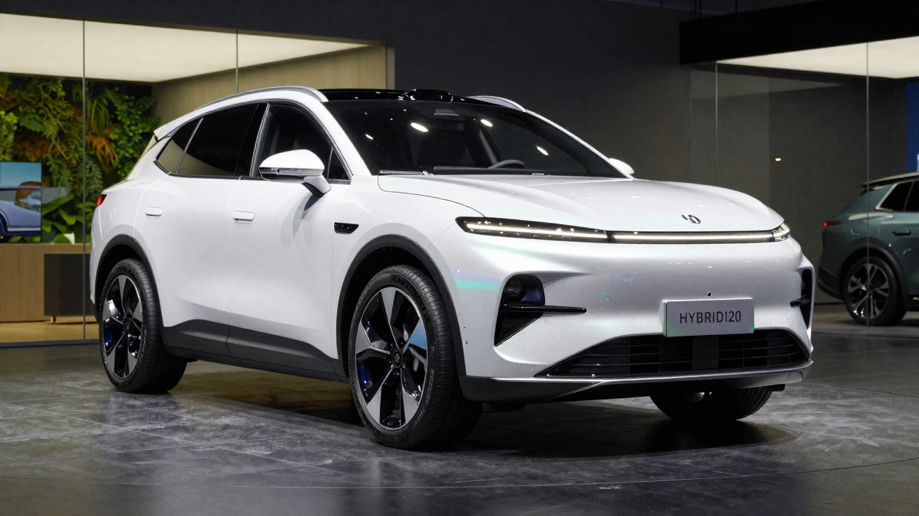 Carro SUV branco híbrido estacionado em ambiente interno moderno, com design futurista e rodas grandes.