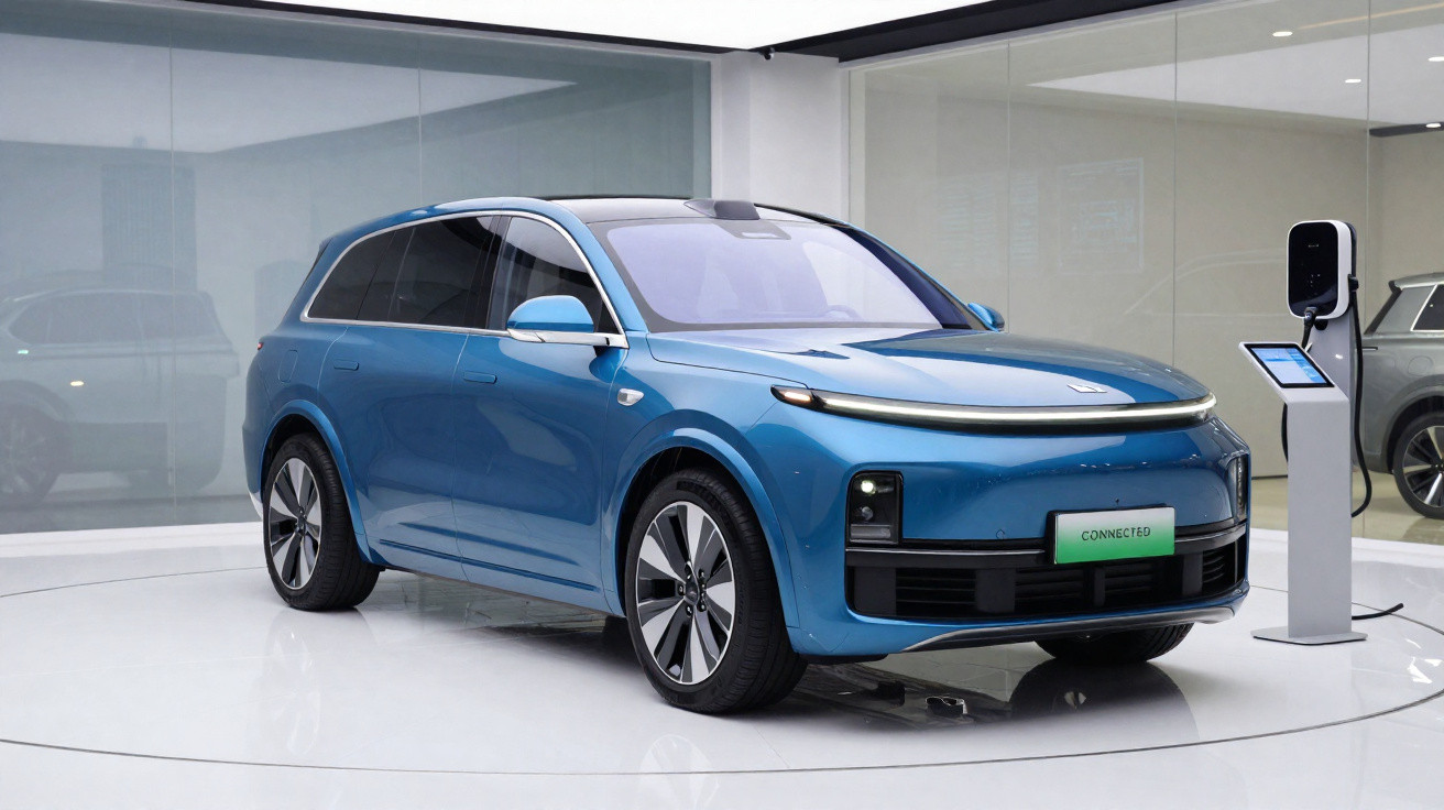 Carro elétrico azul em exibição, conectado a estação de carregamento em ambiente moderno e iluminado.