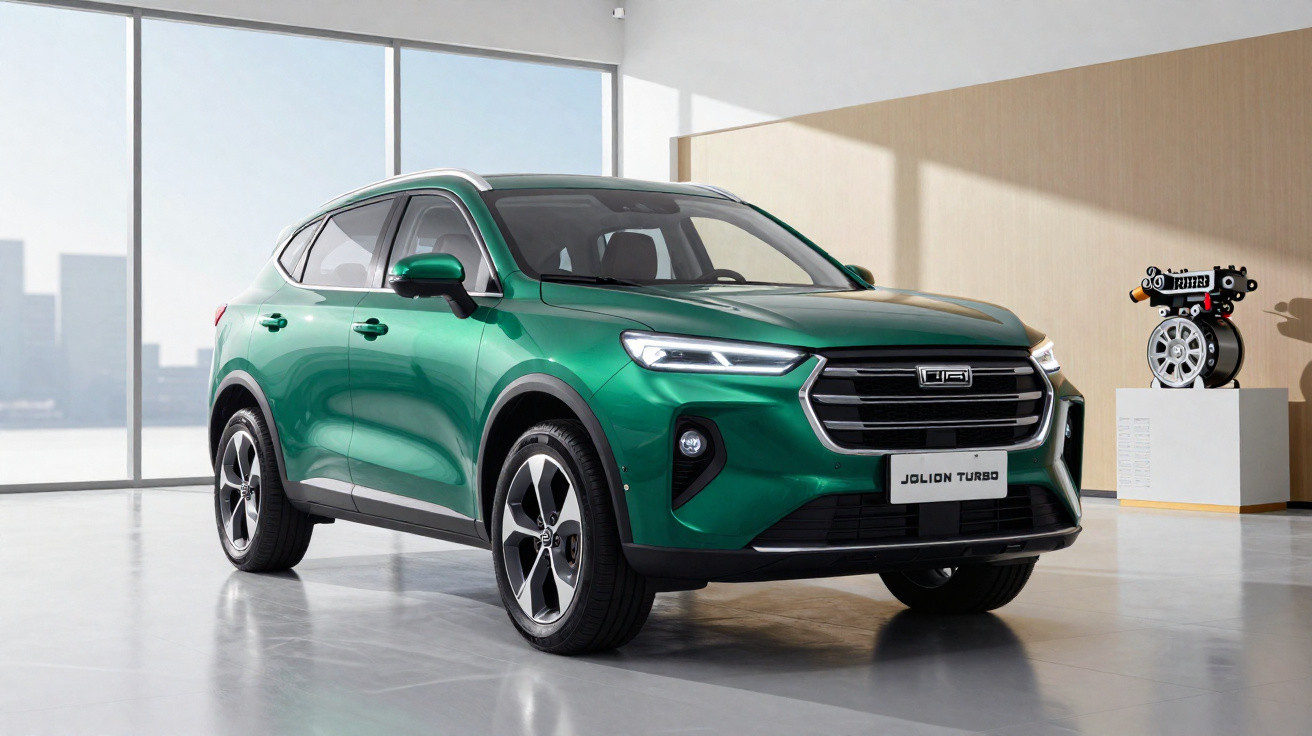 SUV verde metálico estacionado em ambiente interno moderno com paredes claras e grandes janelas.