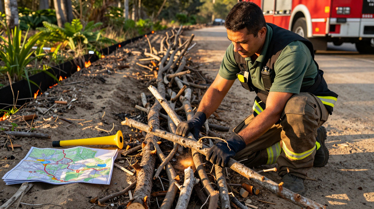 Homem com uniforme de bombeiro organizando galhos secos ao lado de mapa e caminhão de bombeiros.