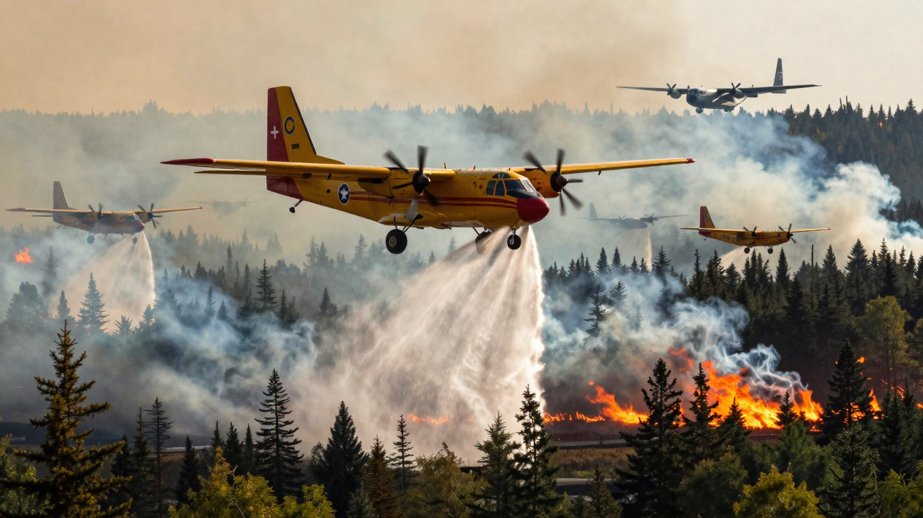 Aviões soltando água para combater incêndio em floresta com fumaça e fogo visíveis.