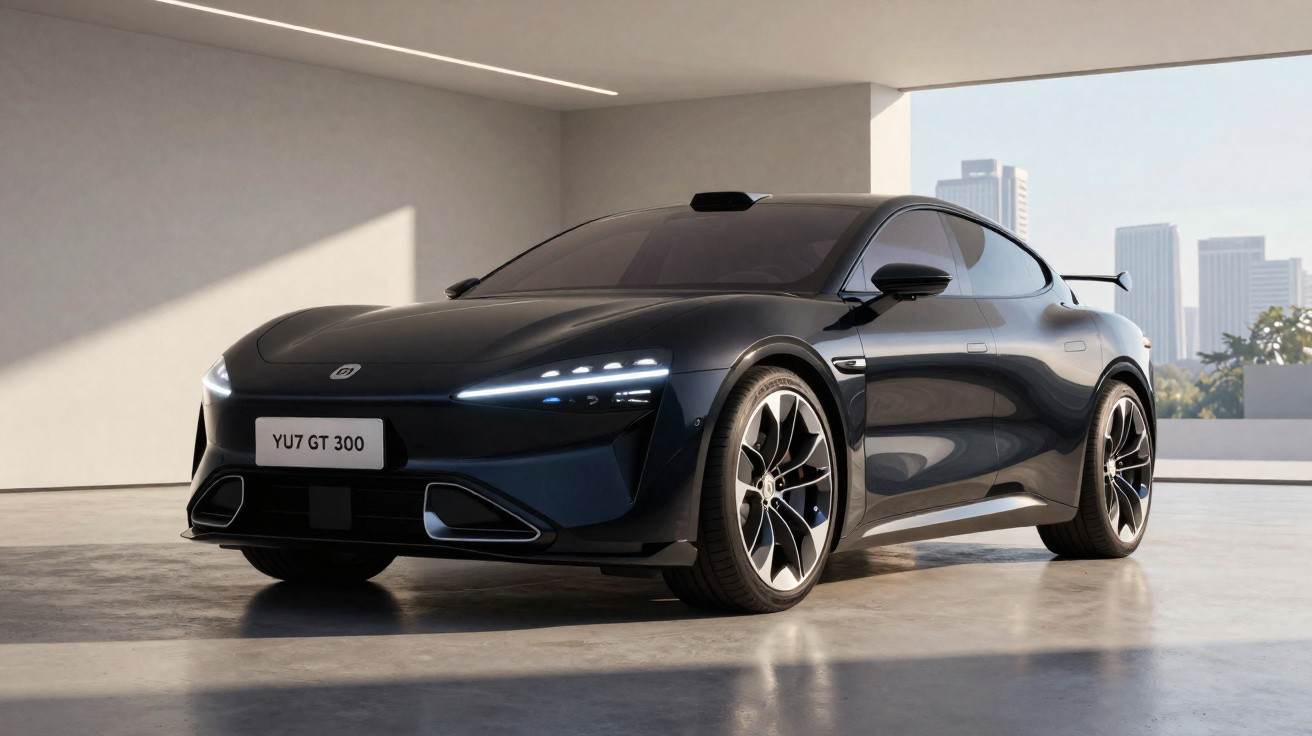 Carro esportivo elétrico preto estacionado em garagem com grandes janelas e vista urbana ao fundo.