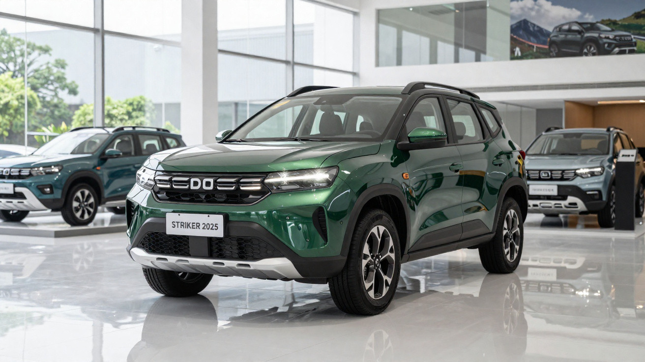 SUV verde DD Striker 2025 em exposição em showroom moderno com outros carros ao fundo.