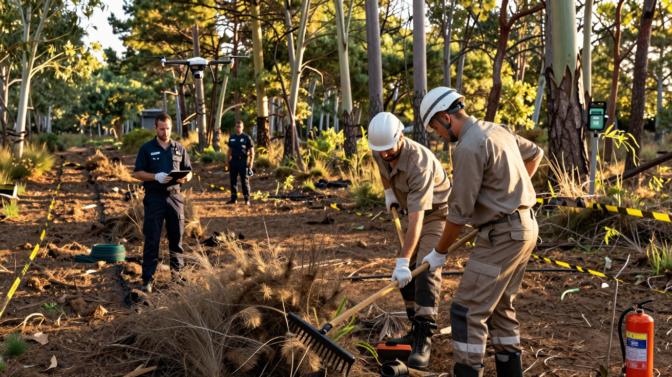 Equipe com capacetes limpando área de vegetação seca em floresta sob luz do sol.