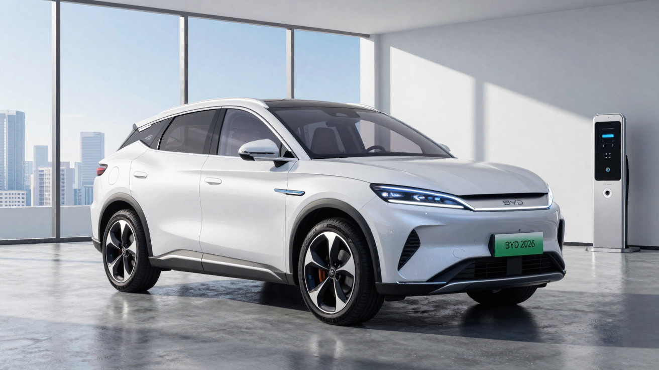 Carro elétrico branco estacionado em garagem moderna próxima a um carregador elétrico, com vista urbana ao fundo.