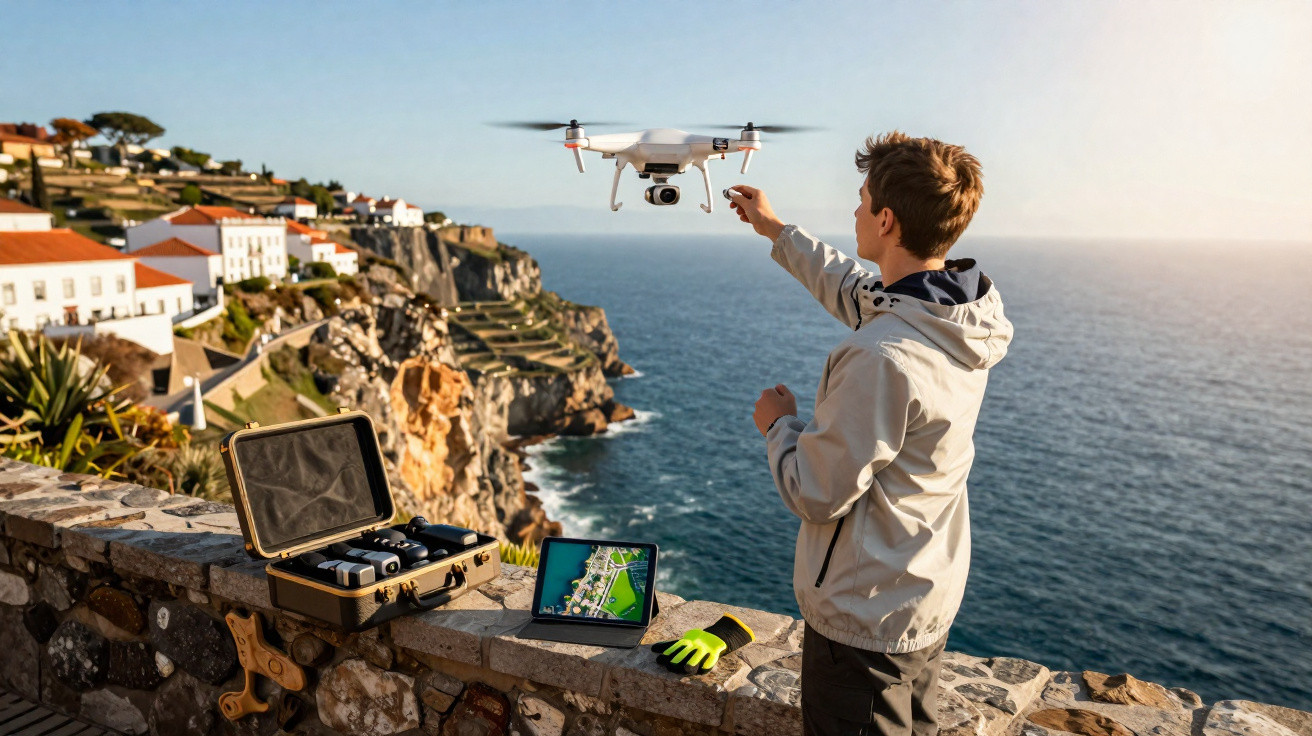 Jovem controla drone com tablet e estojo de equipamentos à beira de penhasco com vista para o mar.