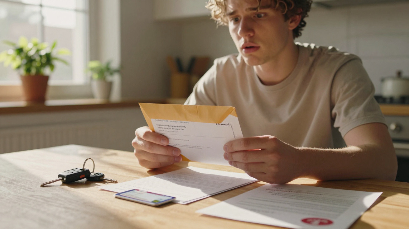 Jovem sentado à mesa lendo uma carta aberta com documentos e chave de carro ao lado.