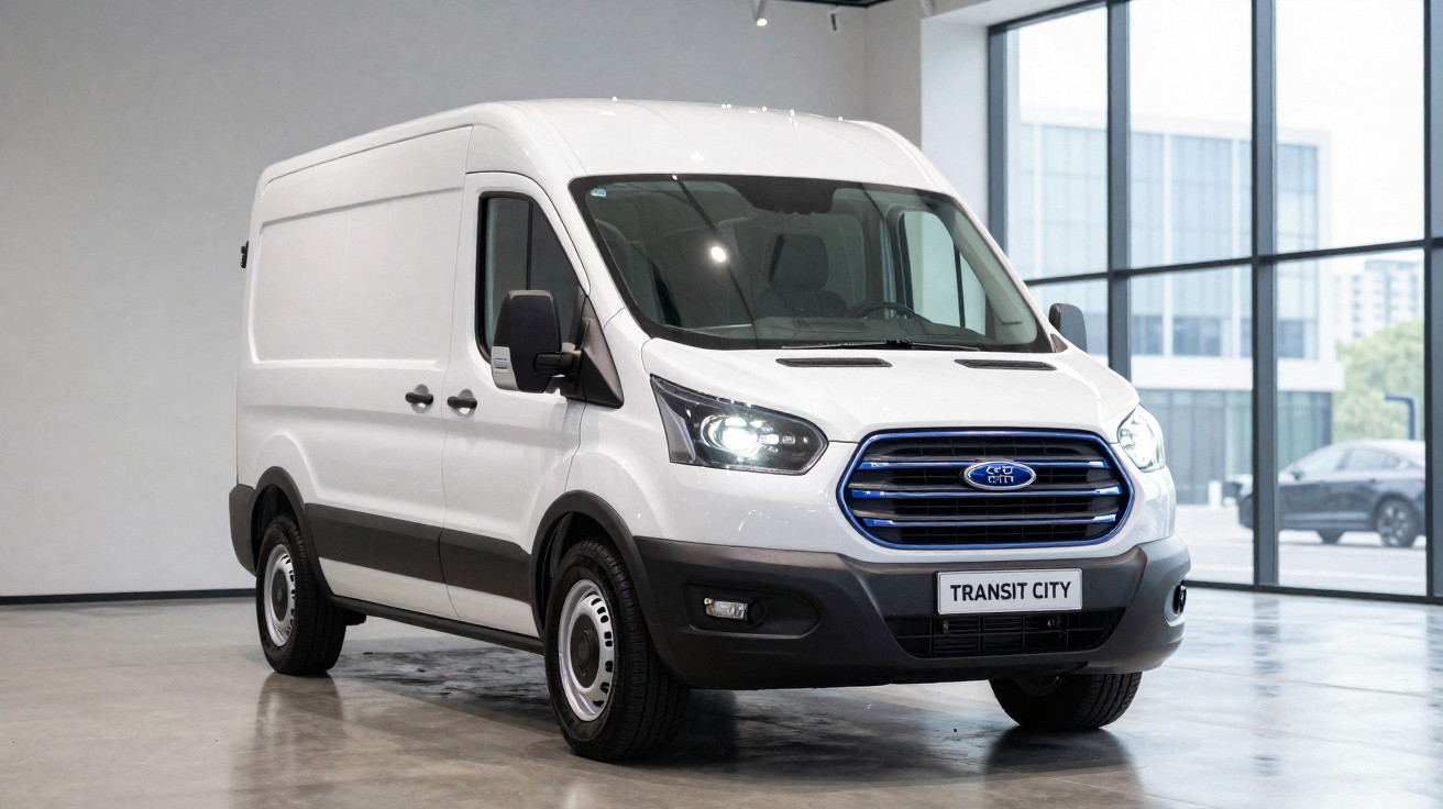 Van branca Ford Transit City em ambiente interno, com faróis ligados e janela ao fundo.