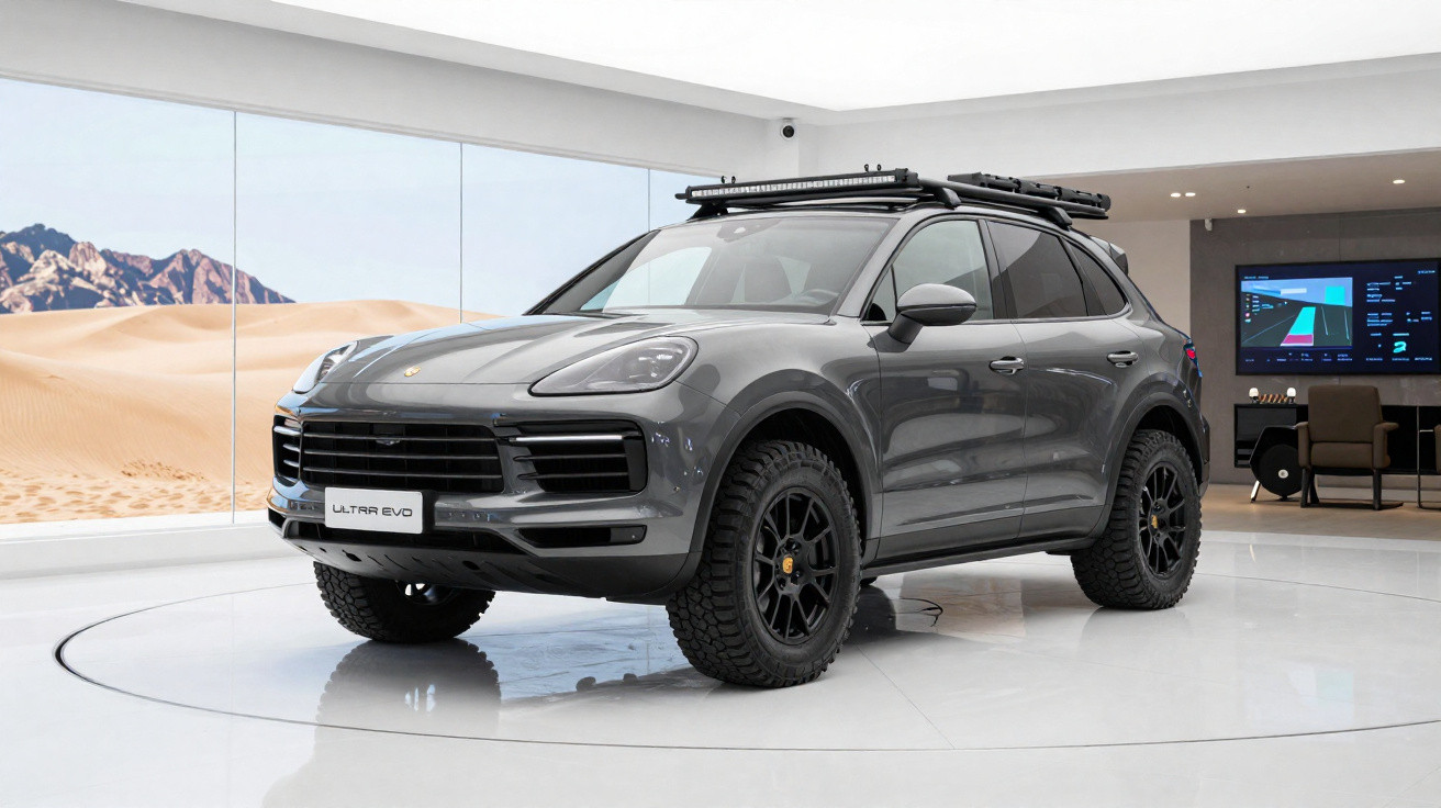 SUV esportivo cinza Porsche Cayenne Ultra Evo em showroom moderno com parede de vidro e quadro digital.
