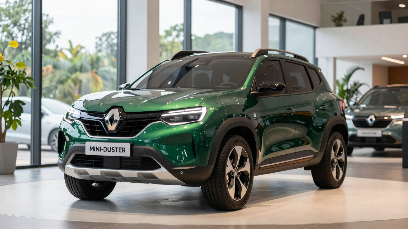 Carro SUV Renault Mini-Duster verde exposto em showroom moderno com janelas grandes e plantas.