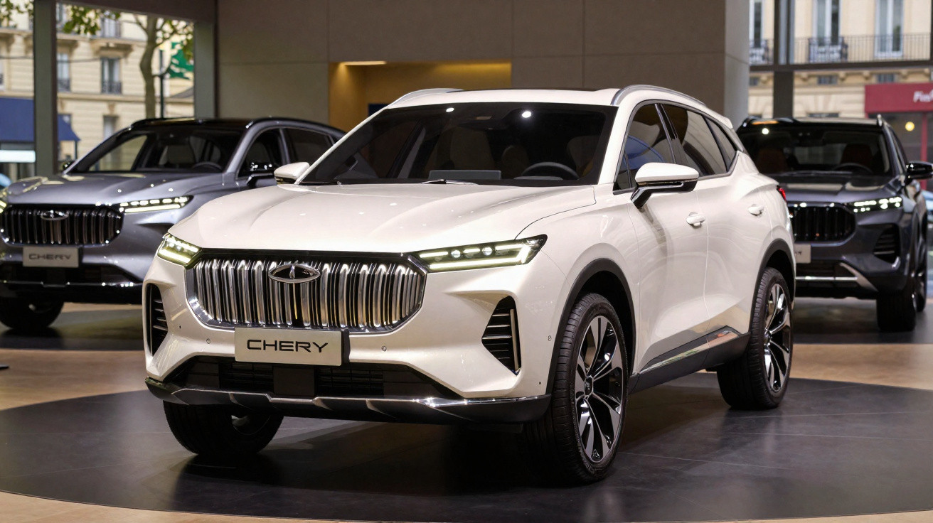 SUV branco da marca Chery exposto em showroom com outros carros ao fundo.