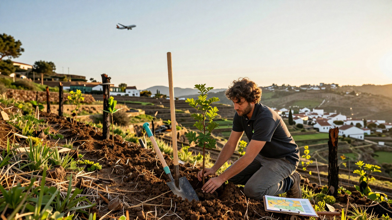 Homem plantando árvore em terreno agrícola com colinas e avião voando ao fundo durante o pôr do sol.