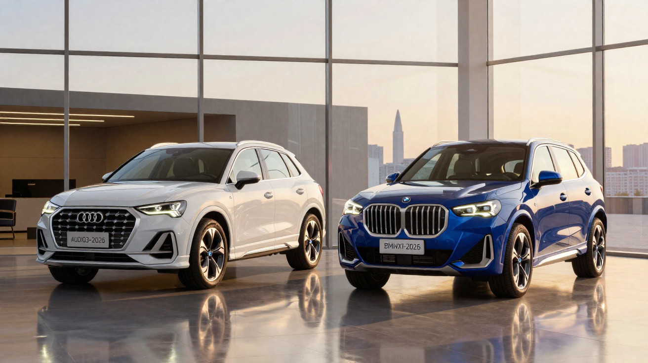 Dois SUVs estacionados em showroom moderno, um Audi branco e um BMW azul.