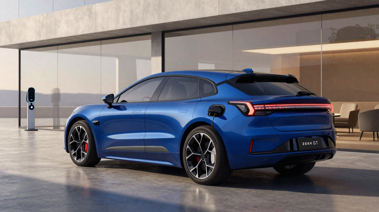 Carro elétrico azul Zeer GT sendo carregado ao lado de prédio moderno com vidro espelhado.