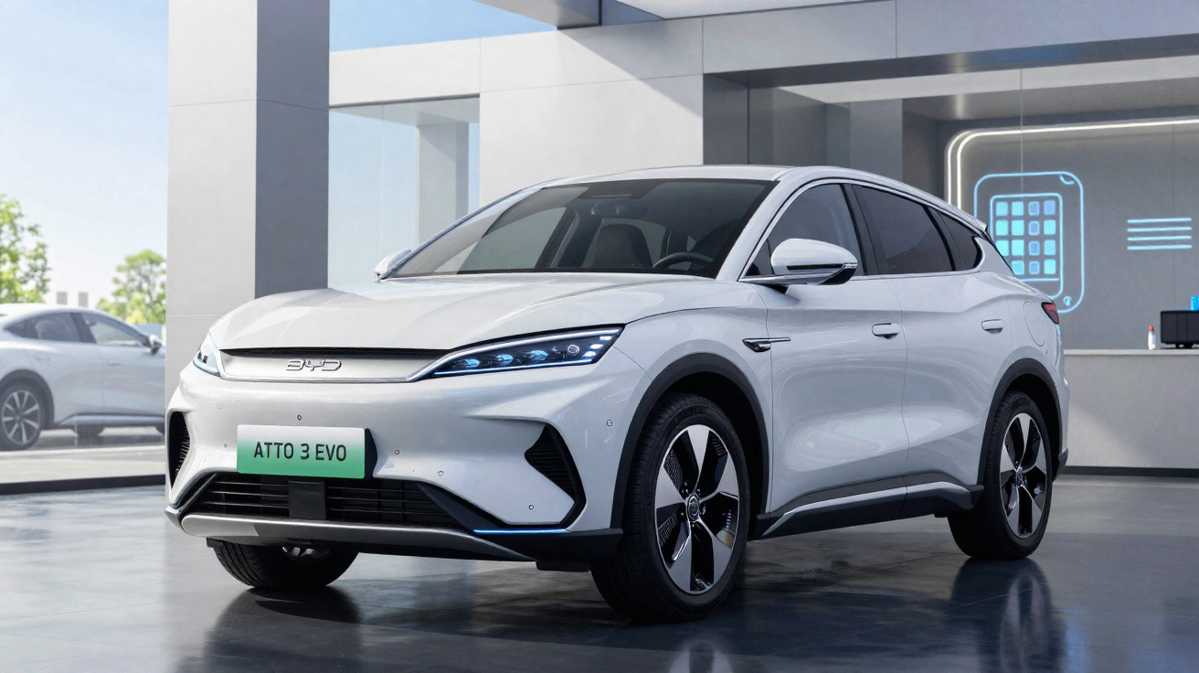 Carro elétrico BYD ATTO 3 EVO branco em espaço moderno com iluminação natural e reflexos no chão.