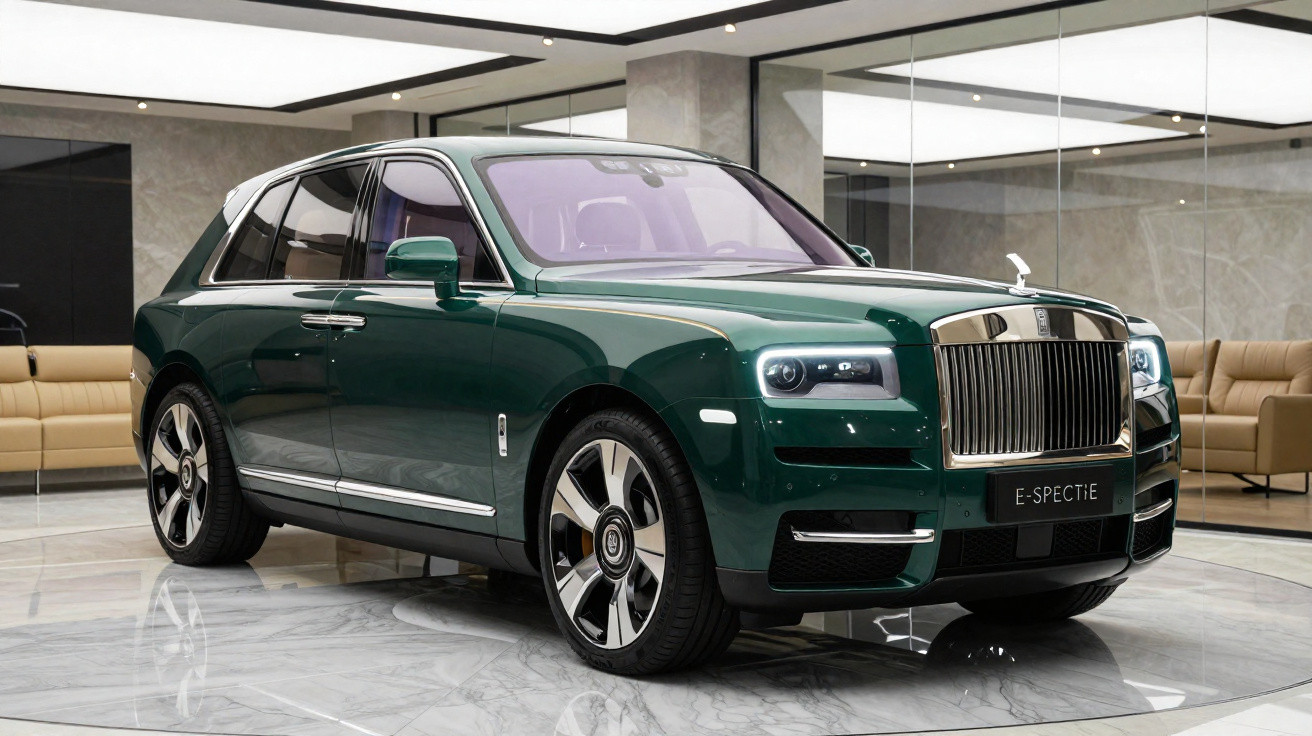 Carro de luxo Rolls-Royce verde escuro modelo E-Spectre em exibição em salão com piso de mármore.