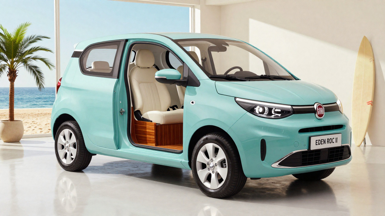 Carro elétrico Fiat Eden Roc II azul com porta aberta exibindo interior claro, cenário de praia ao fundo.